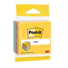 3M Post-it® Notes Mini-kuber från 3M Deutschland GmbH erbjuder 400 blad per block i sorterade färger, storlek 51 mm x 51 mm, med gul förpackning och klar framsida. Tillverkad av 100% PEFC-certifierat papper.