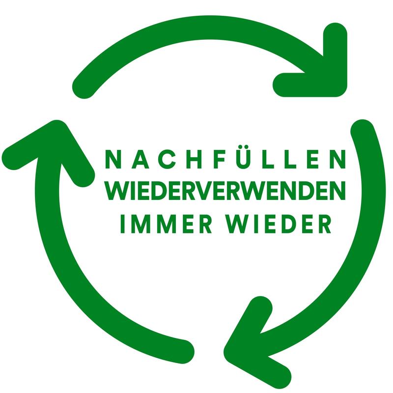 Tre gröna pilar kretsar kring den tyska texten "Fyll på, Återanvänd, Om och om igen" och understryker det miljövänliga budskapet från Scotch® Magic™-tejpen från 3M Deutschland GmbH (med 66 % växtbaserat lim, dispenser av återvunnet material).