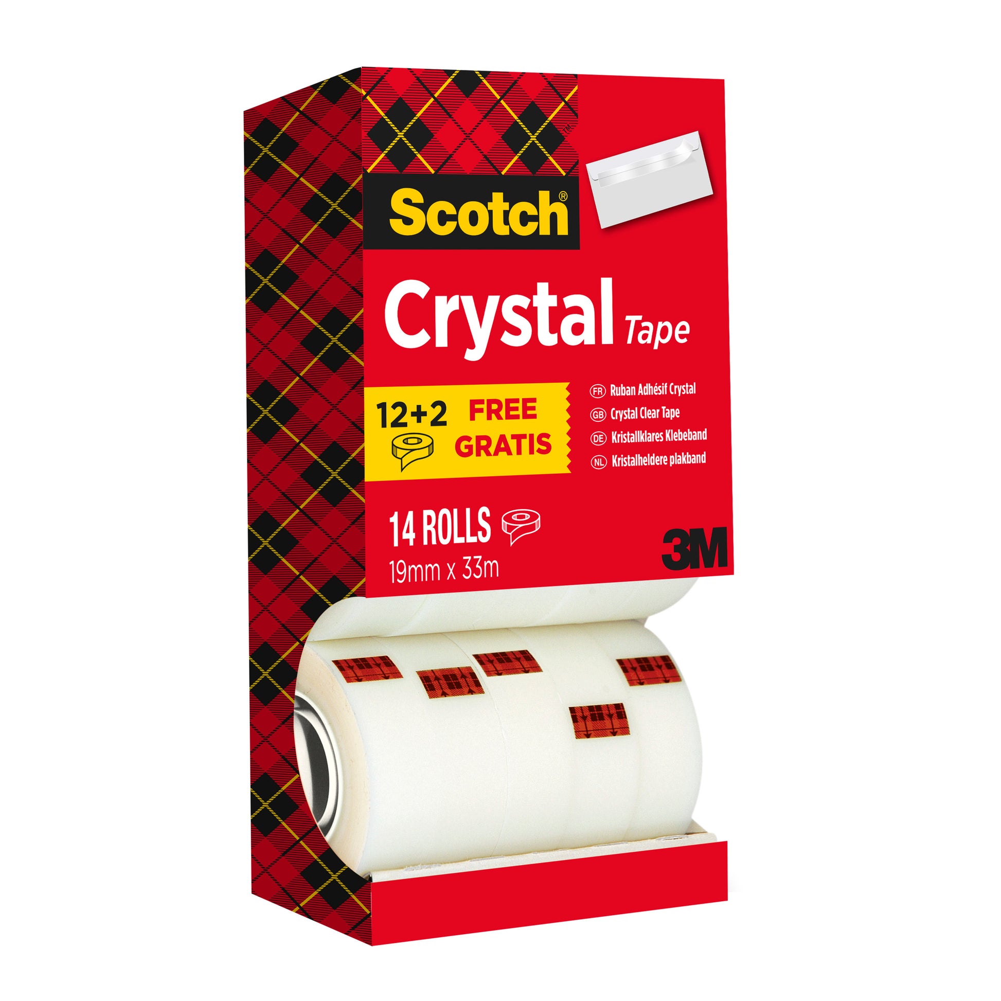 Das Scotch® Crystal Klebeband Vorteilspack von 3M Deutschland GmbH enthält 14 Rollen (19 mm x 33 m) und bietet "12+2 Gratis" in einer Box mit rotem Tartan-Design.