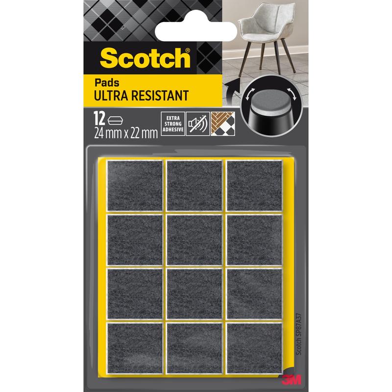3M Scotch® Extremt hållbara filtkuddar SP87A37 (12 stycken, 24 mm x 22 mm, grå/vit) är självhäftande och erbjuder pålitligt ytskydd för möbler samt effektivt repningsskydd för golv.
