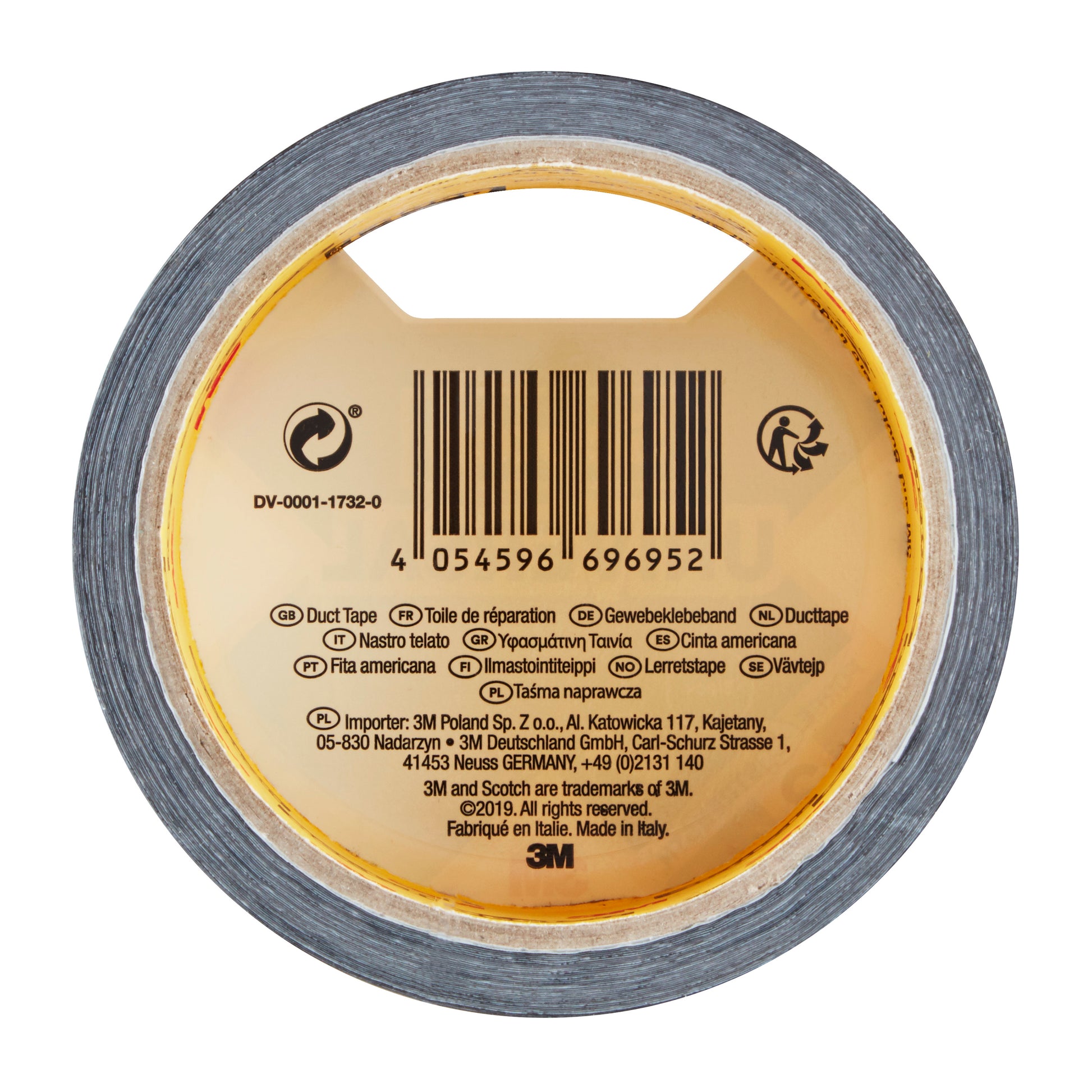 Eine Rolle Scotch® Universal Klebeband 2904, 10 m x 48 mm von 3M Deutschland GmbH, von oben gesehen mit Barcode, mehrsprachiger Produktinformation und Herstellerangaben auf dem Innenetikett.