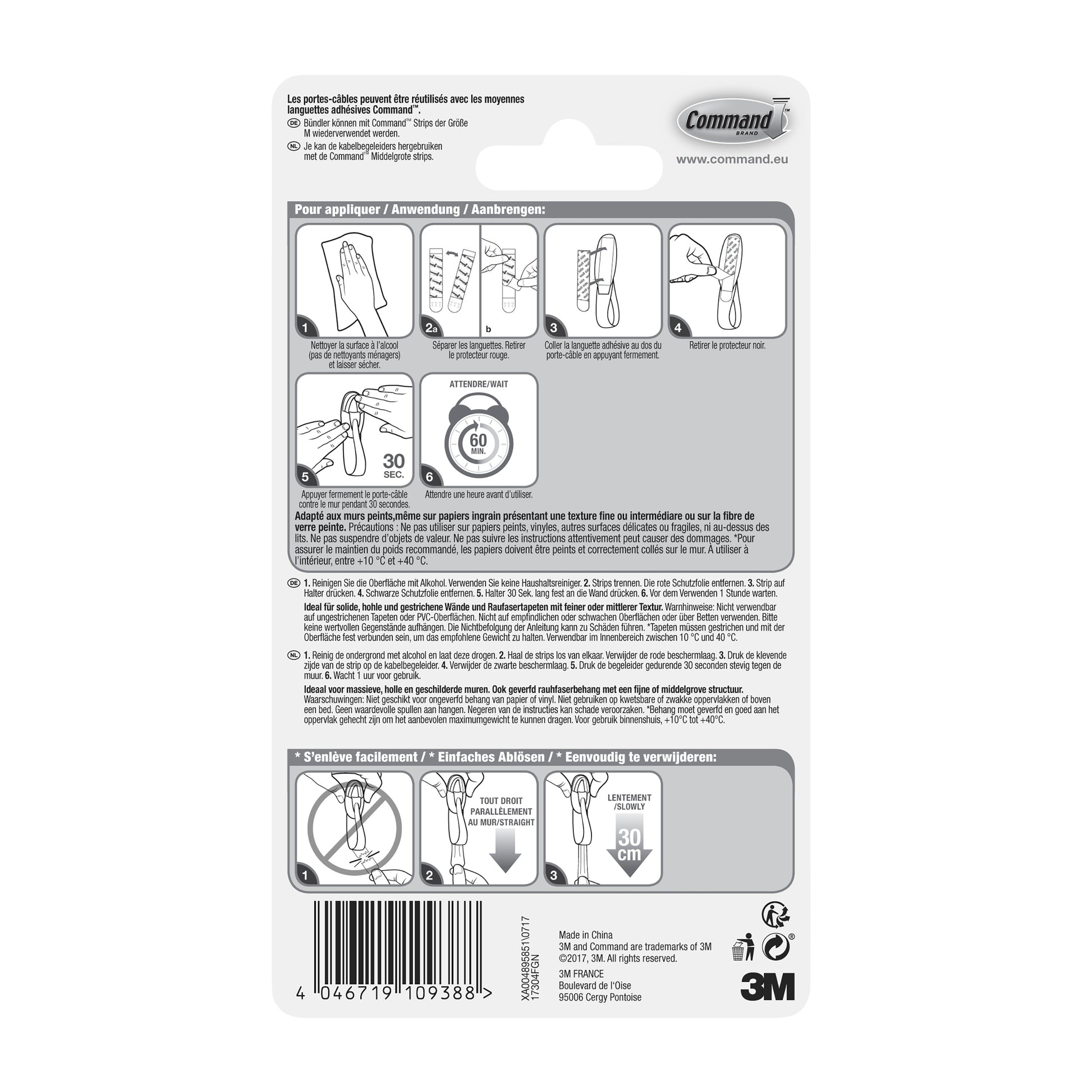 Die Command™ Kabelhalter, 17304-FR-Verpackung der 3M Deutschland GmbH enthält Anleitungen in Französisch, Deutsch und Niederländisch zum Anbringen und Entfernen von Klebehaken mit Abbildungen zur Kabelorganisation und Produktdetails am unteren Rand.