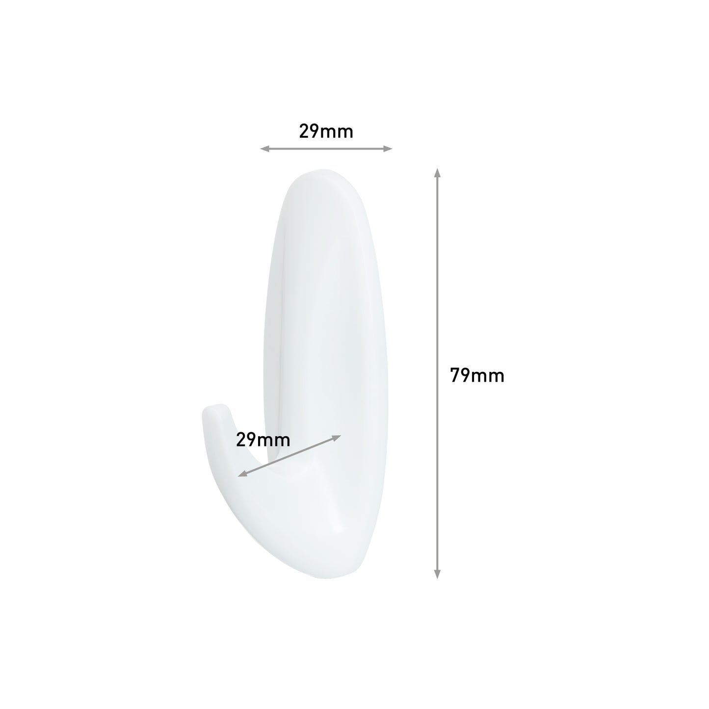 Der Command™ Medium Designer-Haken (17081-FGN) von 3M Deutschland GmbH ist weiß, mit den Maßen 79 mm hoch und 29 mm breit/tief, markiert mit Pfeilen auf weißem Hintergrund.