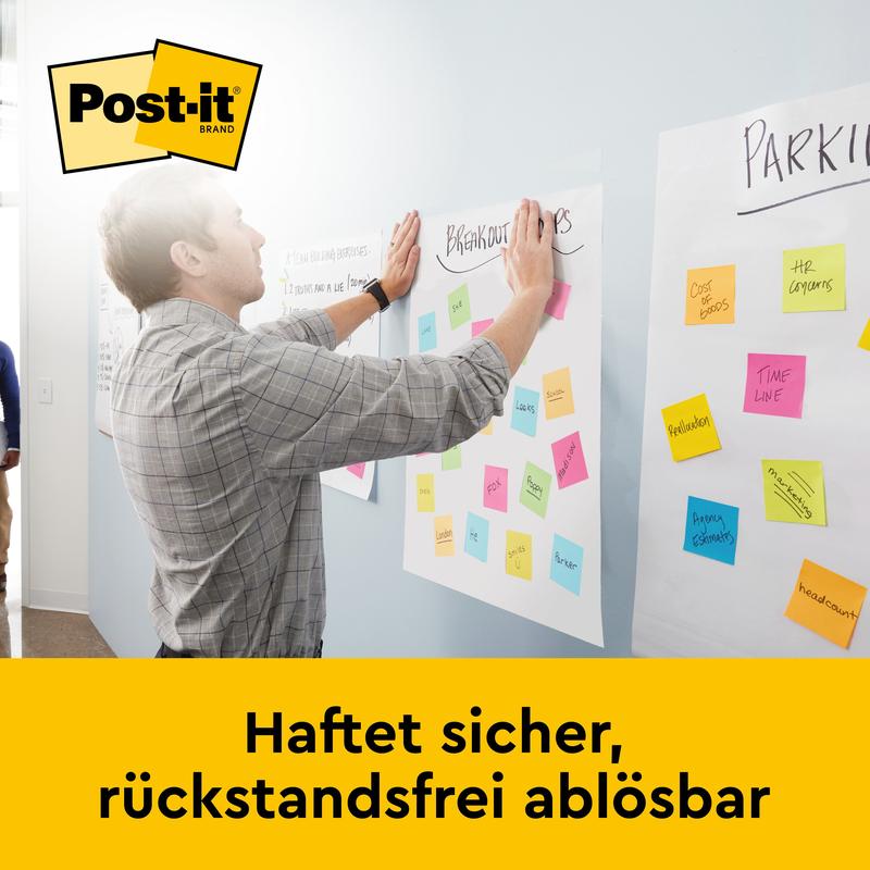 En man fäster färgglada lappar på en vägg bredvid ett Post-it® Super Sticky självhäftande mötesblock/flipchart med stativ (58,4x50,8 cm, 20 blad, 6 block), från 3M Deutschland GmbH. Ovanför Post-it-logotypen, nedanför: "Fäster säkert, avlägsnas utan rester."