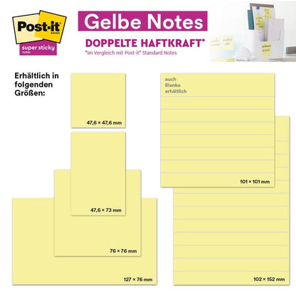 En annons för Post-it® Super Sticky Notes i stort format (101 mm x 101 mm, 90 blad/block, 100% PEFC) från 3M Deutschland GmbH visar stora gula lappar i bruk på ett skrivbord och framhäver den extra starka dubbelhäftkraften.
