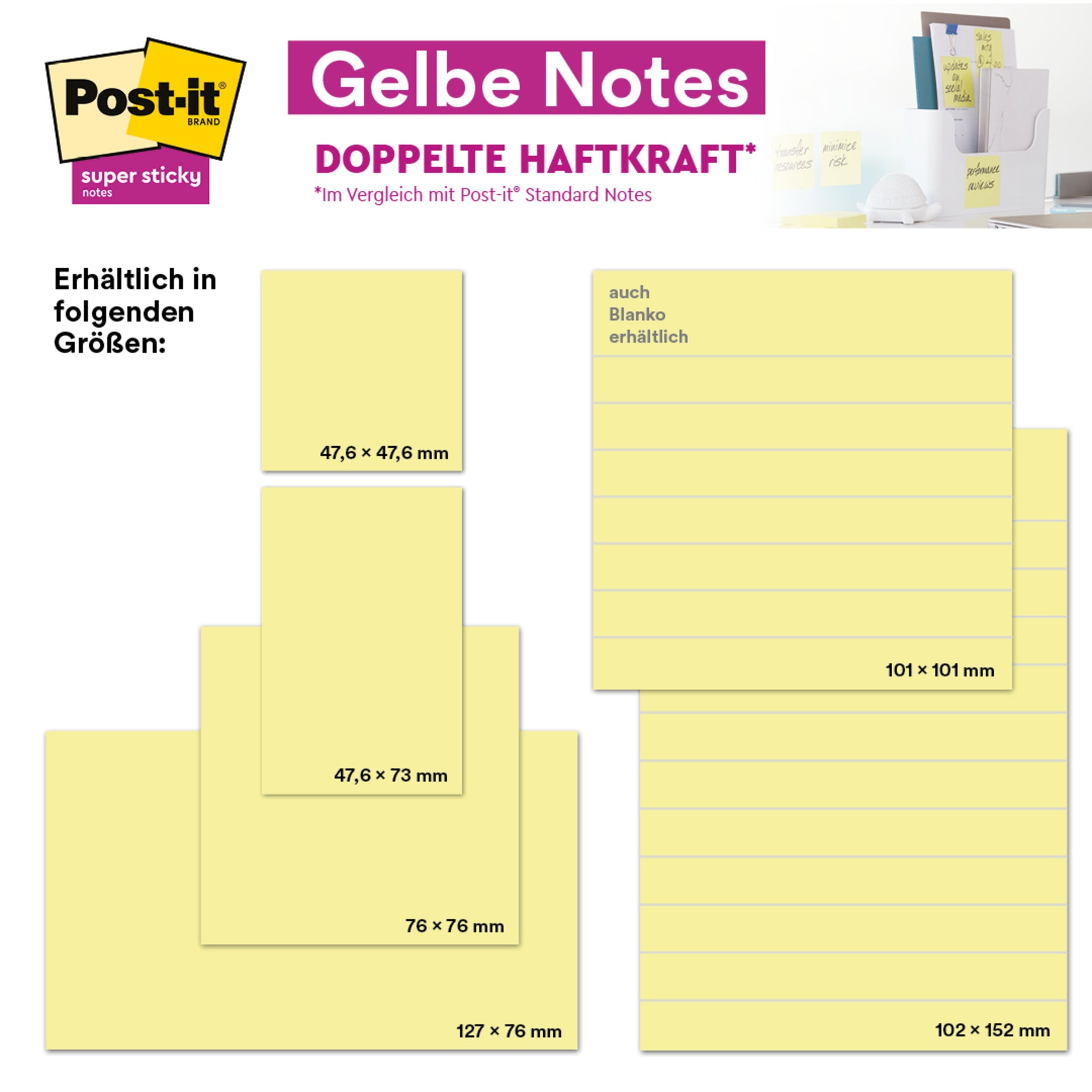 Die Abbildung zeigt Post-it® Notes, Gelb von 3M Deutschland GmbH (38 mm x 51 mm, 100 Blatt/Block, 12 Blöcke/Packung, Kartonverpackung, 100% PEFC), in deutscher Sprache beschriftet und einzeln und im Gebrauch abgebildet.