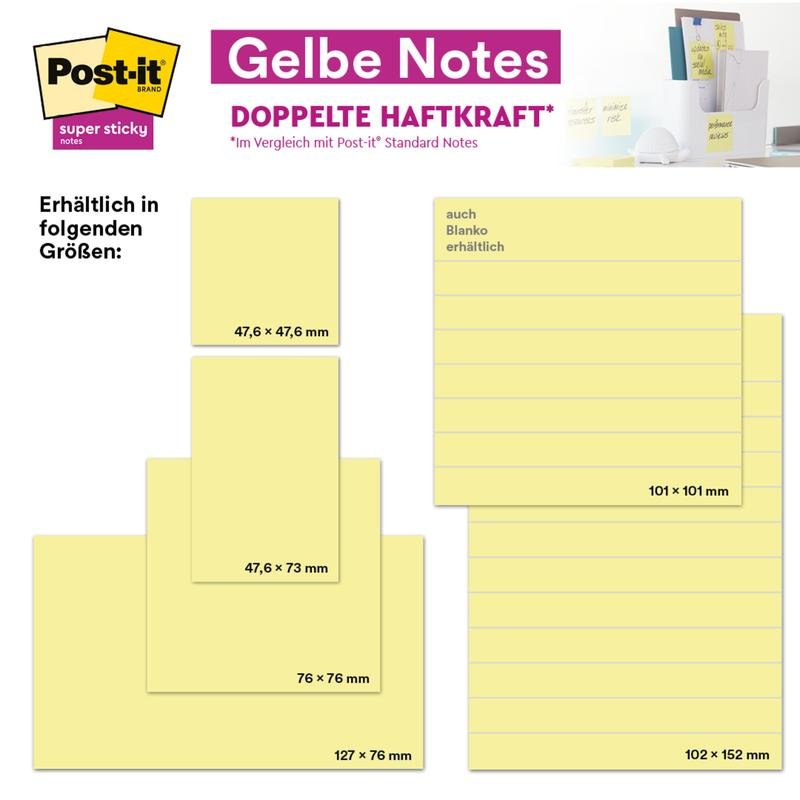 En grafik presenterar Post-it® Notes i gult från 3M Deutschland GmbH (76 x 76 mm, 100 blad/block, 12 block/förp., kartong, 100% PEFC) och förtydligar deras nytta för snabba anteckningar på kontoret.