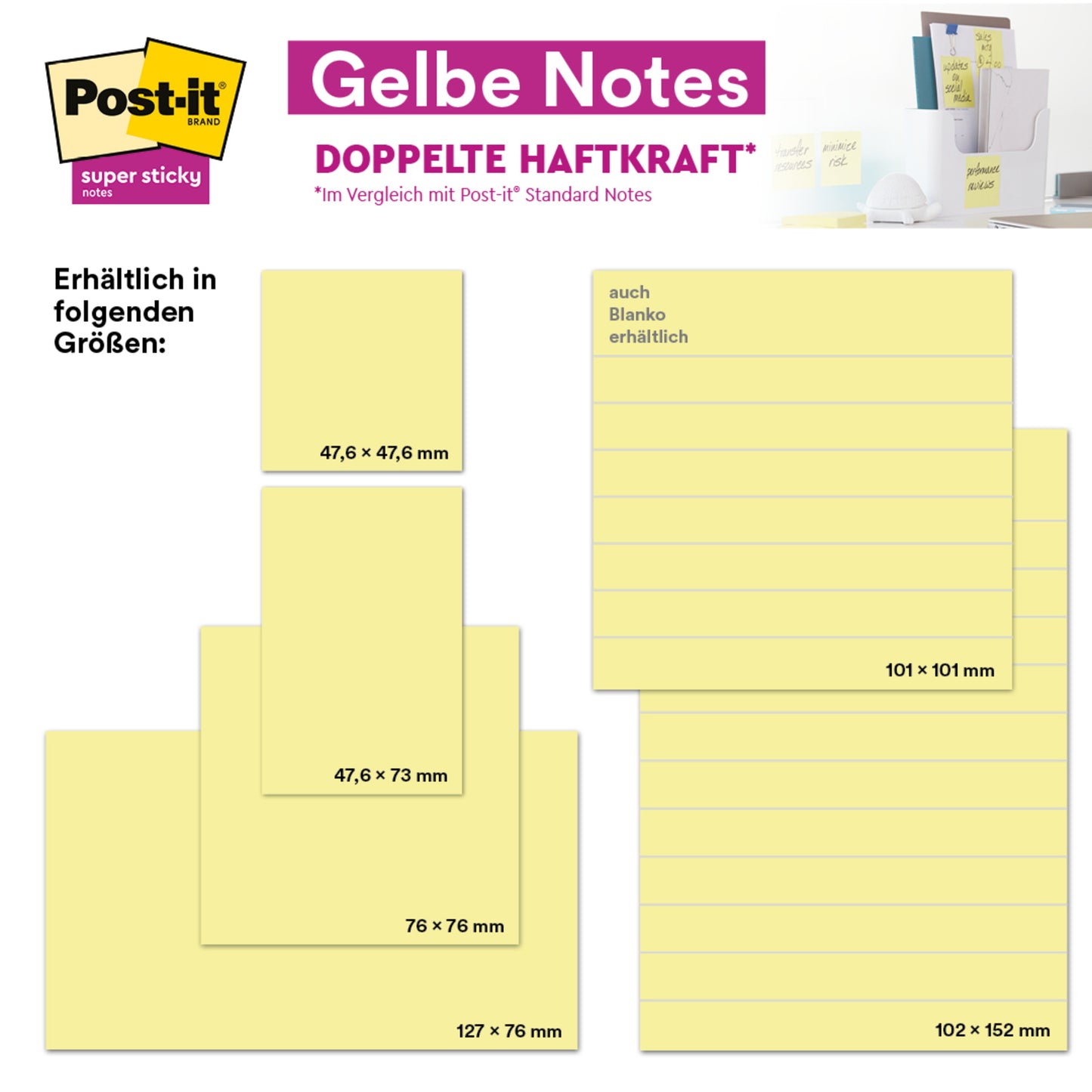Ein Produktdisplay für die Post-it® Notes im Großformat, Gelb, 101 mm x 152 mm der 3M Deutschland GmbH, das die großen gelben Haftnotizen mit Verpackung zeigt.