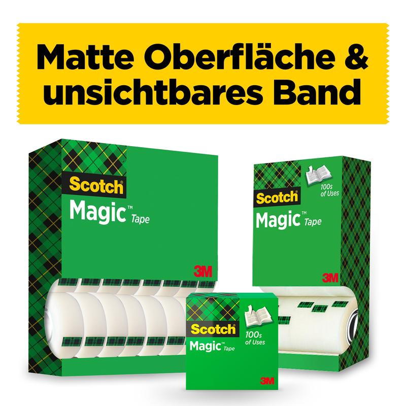 Tre kartonger Scotch® Magic™ Osynlig Tejp från 3M Deutschland GmbH visas i olika storlekar med synliga rullar. Ovan finns en gul banner med texten "Matt yta & osynligt band", och på varje låda finns 3M-logotypen.