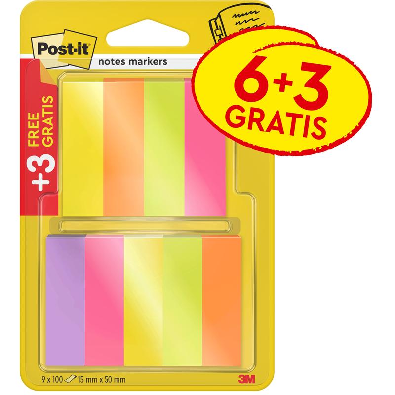Ett paket 3M Deutschland GmbH Post-it® Page Marker, 15x50mm, i olika färger. Varje paket innehåller 6 block plus 3 gratis (var 100 blad), PEFC-certifierat - idealiskt för att markera text och sidor. Promo-etikett: "6+3 GRATIS / +3 GRATIS/GRATIS".