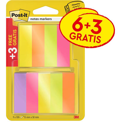 Ett paket 3M Deutschland GmbH Post-it® Page Marker, 15x50mm, i olika färger. Varje paket innehåller 6 block plus 3 gratis (var 100 blad), PEFC-certifierat - idealiskt för att markera text och sidor. Promo-etikett: "6+3 GRATIS / +3 GRATIS/GRATIS".