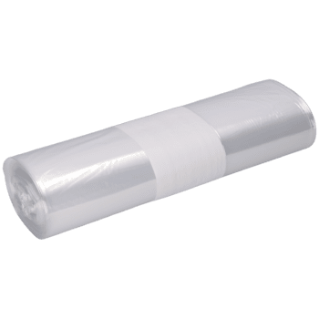 Den transparenta rullen DEISS 99072 (450x550x0,025 mm, 50 påsar) från EMIL DEISS KG (GmbH + Co.) är avbildad mot en enkel vit bakgrund, stramt lindad och säkrad med ett vitt pappersband i mitten.