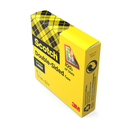 Eine gelbe Schachtel Scotch® doppelseitiges Klebeband von 3M Deutschland GmbH enthält 1 Rolle (12 mm x 22,8 m); die Verpackung zeigt ein Karomuster, den Produktnamen und Angaben zur Verwendung.