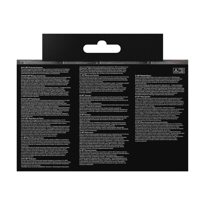 Baksidan av 3M™ Cool Flow™ partikelskyddsmask 9922, FFP2-förpackning från 3M Deutschland GmbH: svart bakgrund, vit flerspråkig text, varningssymboler; framhävningar FFP2-skydd, luktneutraliserande ventil och displayhängflik.