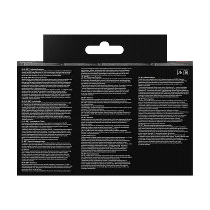 Baksidan av 3M™ Cool Flow™ partikelskyddsmask 9922, FFP2-förpackning från 3M Deutschland GmbH: svart bakgrund, vit flerspråkig text, varningssymboler; framhävningar FFP2-skydd, luktneutraliserande ventil och displayhängflik.