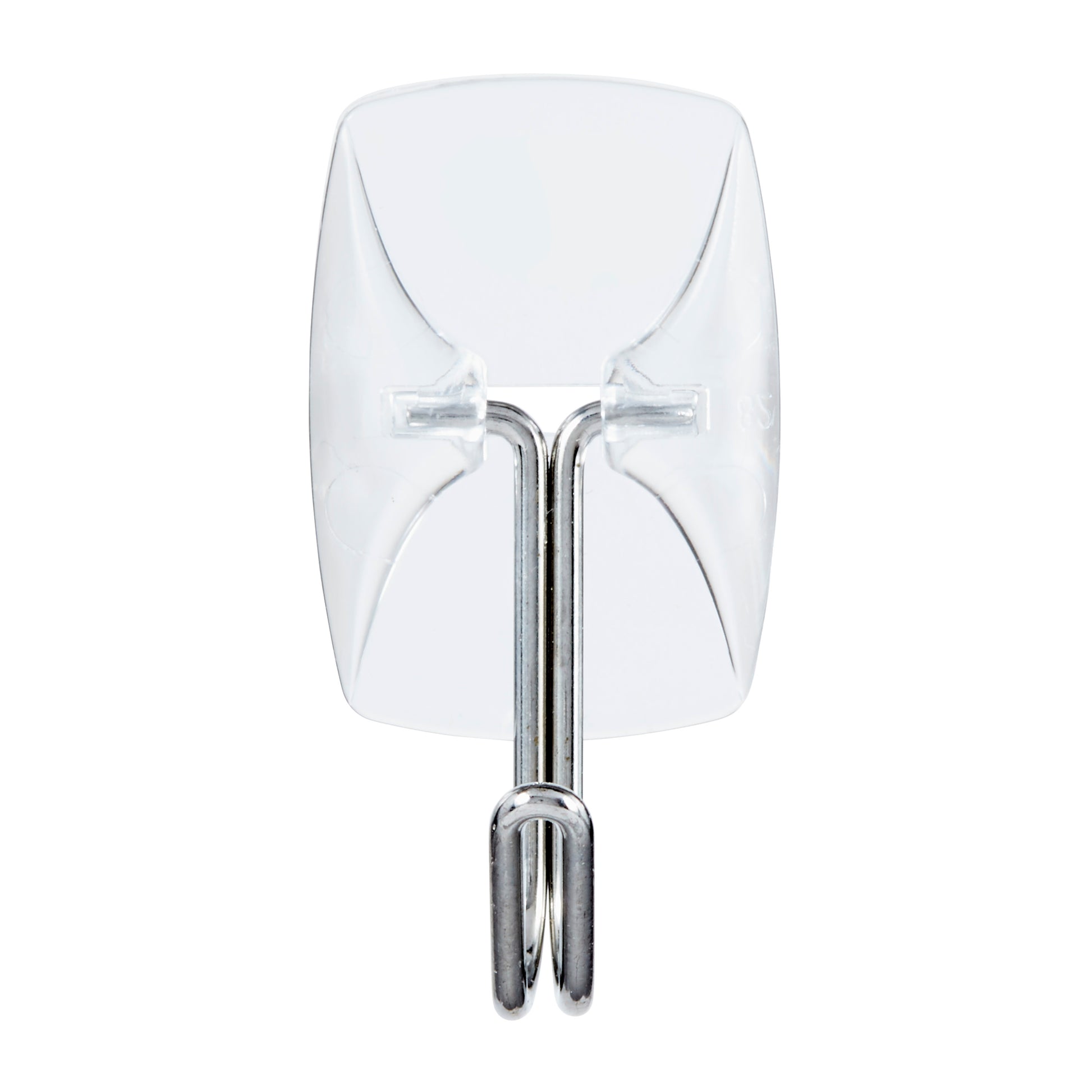 Der 3M Deutschland GmbH Command™ Drahthaken, klein, transparent, mit transparenten Strips ist ein durchsichtiger Kunststoff-Wandhaken mit einem Metallhaken, der auf weißem Hintergrund abgebildet ist.