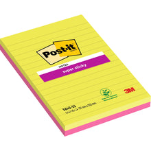Eine Packung mit zwei großen Post-it® Super Sticky Notes Blöcken von 3M Deutschland GmbH, gefüttert in rosa und grün (127 mm x 203 mm, je 45 Blatt), hergestellt mit pflanzlichem Klebstoff und 100% PEFC-zertifiziert (SGSCH-PEFC-COC-110078).