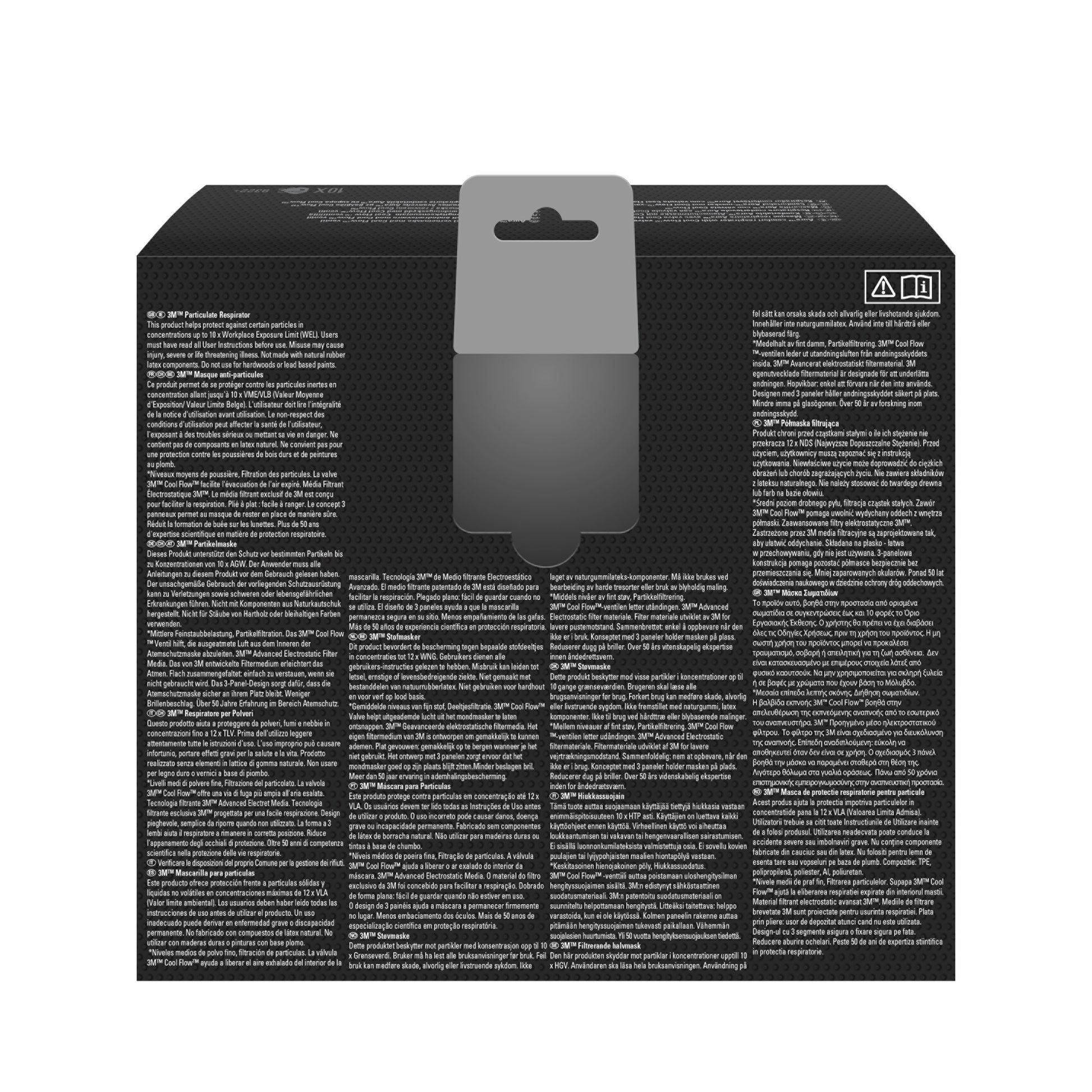 Die Abbildung zeigt die Rückseite einer 3M™ Aura™ Comfort Cool Flow™ Partikelmaske 9322+ FFP2 mit Ventilbox der 3M Deutschland GmbH. Die schwarze Schachtel hat eine graue Aufhängelasche, weißen mehrsprachigen Text in Spalten und zwei Symbole in der rechten oberen Ecke.