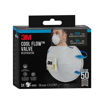 En svart låda med 3M™ Cool Flow™ partikelfiltermask 8822, FFP2 med ventil från 3M Deutschland GmbH visar en person som bär masken och framhäver FFP2-skyddet och 94% filtrering. Den innehåller ett paket med 3 masker mot finpartiklar.