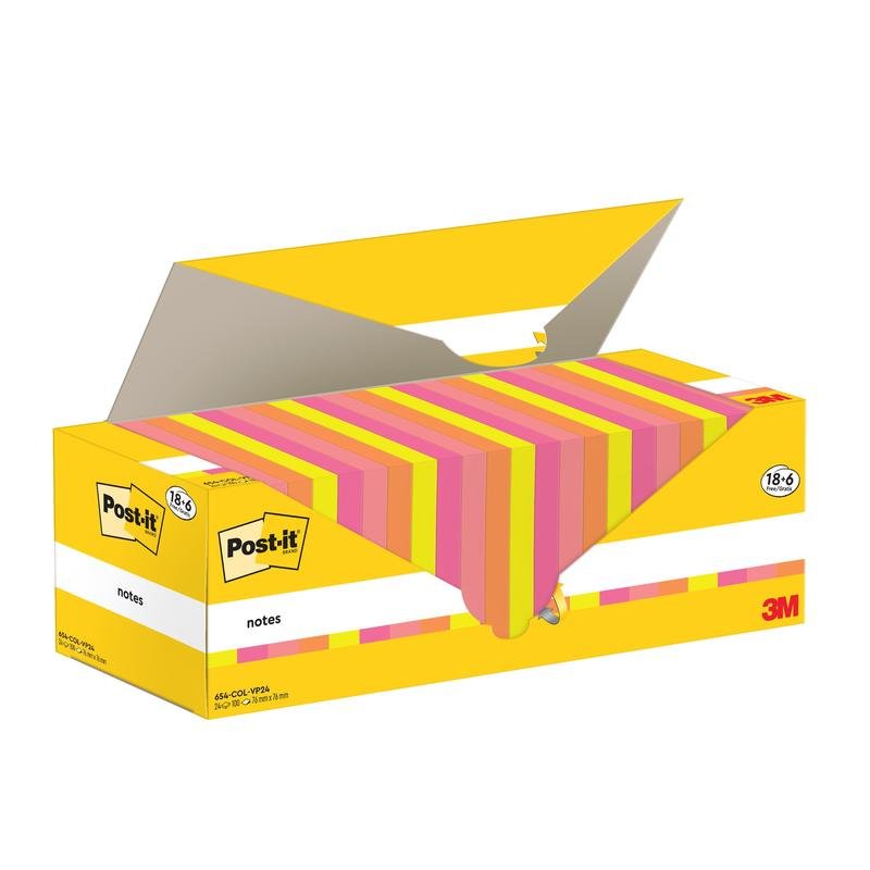 I en öppen gul Post-it® Notes-låda från 3M Deutschland GmbH (76 mm x 76 mm, 100 blad/block, 100% PEFC) finns randiga rosa, gula och orangefärgade notisar. Designen möjliggör enkel borttagning av lapparna.