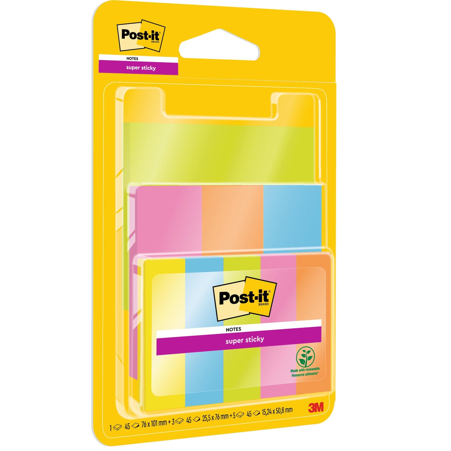 En gul plastförpackning från 3M Deutschland GmbH innehåller Post-it® Super Sticky Notes, färgglada, kombinationspaket med sidmarkörer. Innehåller 9 block (vardera 45 blad) i två storlekar, PEFC-certifierade. Med Post-it-logotypen och i vertikal arrangemang.