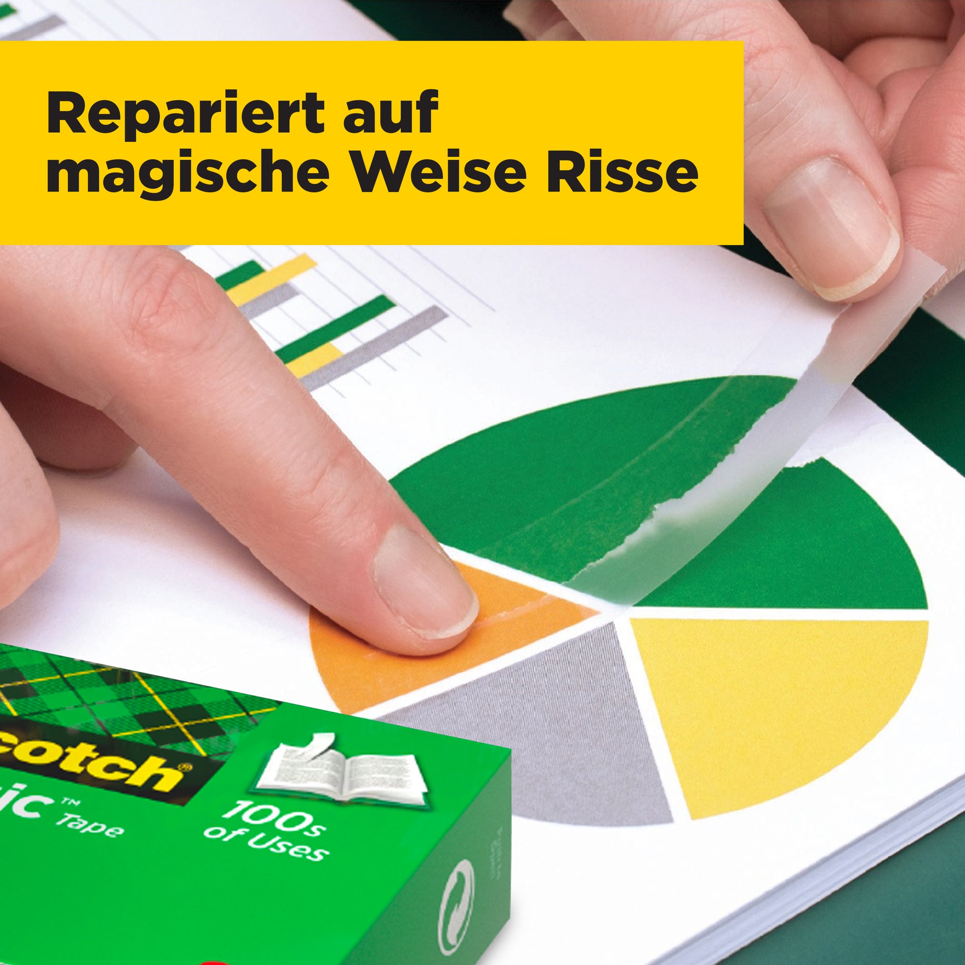 Eine Hand benutzt das Scotch® Magic™ Unsichtbares Klebeband der 3M Deutschland GmbH, um ein zerrissenes, buntes Kreisdiagramm zu fixieren. Auf dem gelben Banner darüber steht "Repariert auf magische Weise Risse". Im Vordergrund ist die Produktbox zu sehen.