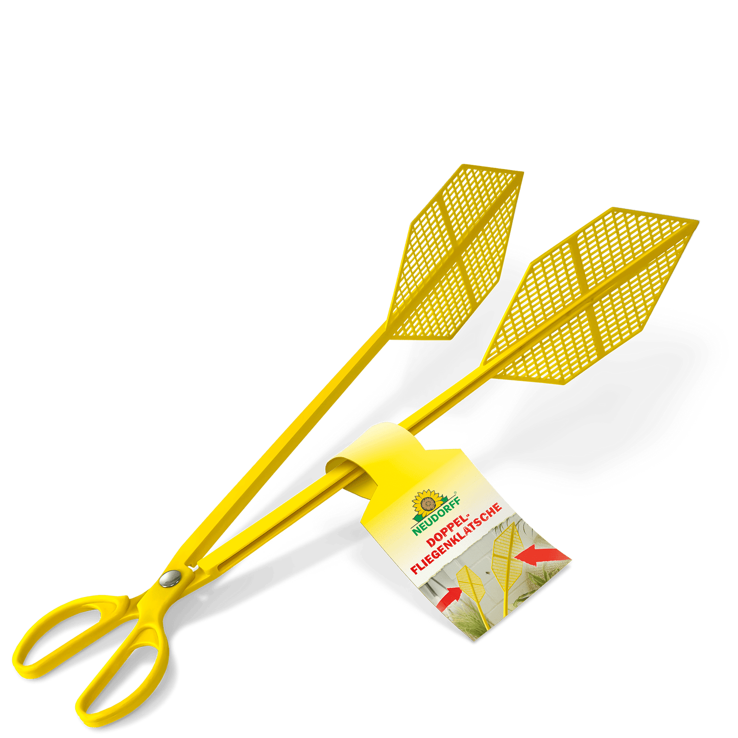 Neudorff Shop Dubbelflugsmälla är gul med en saxhandtag och två bladformade nätklappar. Perfekt för att fånga flugor utan fläckar. På handtaget finns en etikett med grön och röd text.