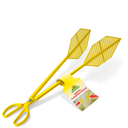 Neudorff Shop Dubbelflugsmälla är gul med en saxhandtag och två bladformade nätklappar. Perfekt för att fånga flugor utan fläckar. På handtaget finns en etikett med grön och röd text.