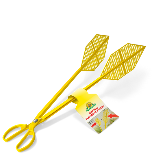 Die Neudorff Shop Doppelfliegenklatsche ist gelb mit einem Scherengriff und zwei blattförmigen Netzklatschen. Ideal zum Fangen von Fliegen ohne Flecken. Am Griff ist ein Etikett mit grünem und rotem Text angebracht.