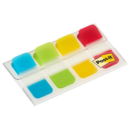 En förpackning Post-it® Index Strong arkivflikar, Mini (Gul, Röd, Blå, Grön), 15,8 mm x 38,1 mm, 40 klisterlappar/dispenser från 3M Deutschland GmbH - idealisk för att organisera dokument.