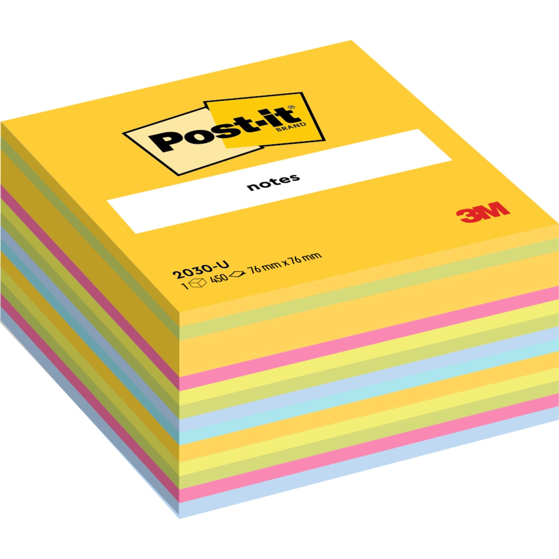 Ein Block Post-it® Notes Würfel der 3M Deutschland GmbH mit 450 pastellfarbenen Ultra-Farben im Format 76x76 mm, mit einem gelben Deckblatt mit der Aufschrift "Post-it notes" und dem 3M-Logo in der rechten unteren Ecke. PEFC-zertifiziert.