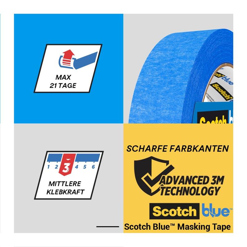 En rulle ScotchBlue™ målartejp för skarpa linjer från 3M Deutschland GmbH visas med etiketter på tyska och engelska som pekar på 21 dagars hållbarhet, medelhäftning, skarpa färglinjer och avancerad 3M-teknologi.