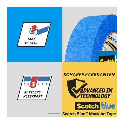 En rulle ScotchBlue™ målartejp för skarpa linjer från 3M Deutschland GmbH visas med etiketter på tyska och engelska som pekar på 21 dagars hållbarhet, medelhäftning, skarpa färglinjer och avancerad 3M-teknologi.