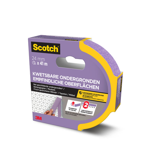 Scotch® Malerabdeckband für empfindliche Oberflächen, 24 mm x 41 m, 1 Rolle (3M Deutschland GmbH), in lila Verpackung mit DE/FR/NL Text. Die Box zeigt Anwendungstipps und verspricht rückstandsfreie Entfernung bis zu 2 Tagen.