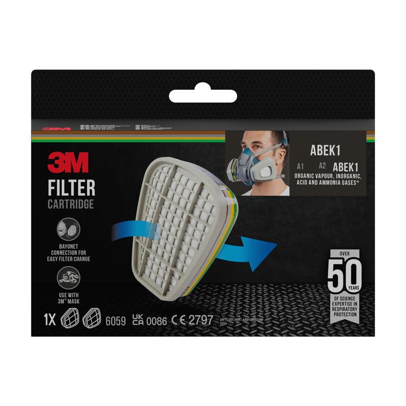 En 3M™ Filterpatron 6059, ABEK1-kombinationsfilter (1 par/förpackning) från 3M Deutschland GmbH visas med produktbild, modellnummer, en person med andningsskydd och över 50 års erfarenhet av andningsskydd på förpackningen.
