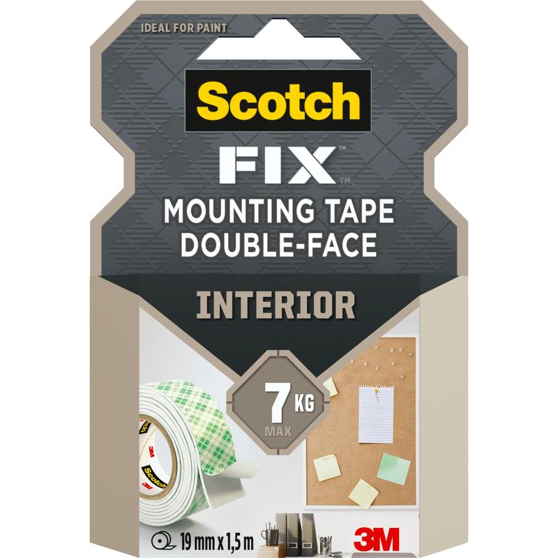 En förpackning Scotch-FIX™ Dubbelsidigt inomhusmonteringstejp från 3M Deutschland GmbH, bär upp till 7 kg, rullstorlek 19 mm x 1,5 m. Framsidan visar tejp, skrivbordsartiklar, en anslagstavla och 3M-logotypen.
