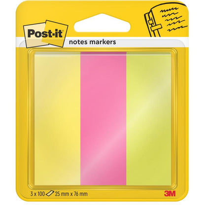 Post-it® Page Marker Energetic Collection från 3M Deutschland GmbH består av tre block i formatet 25 mm x 76 mm (100 blad/block) i lysande färger och en gul förpackning med ett fönster där markörerna samt logotyperna för Post-it och 3M är avbildade.