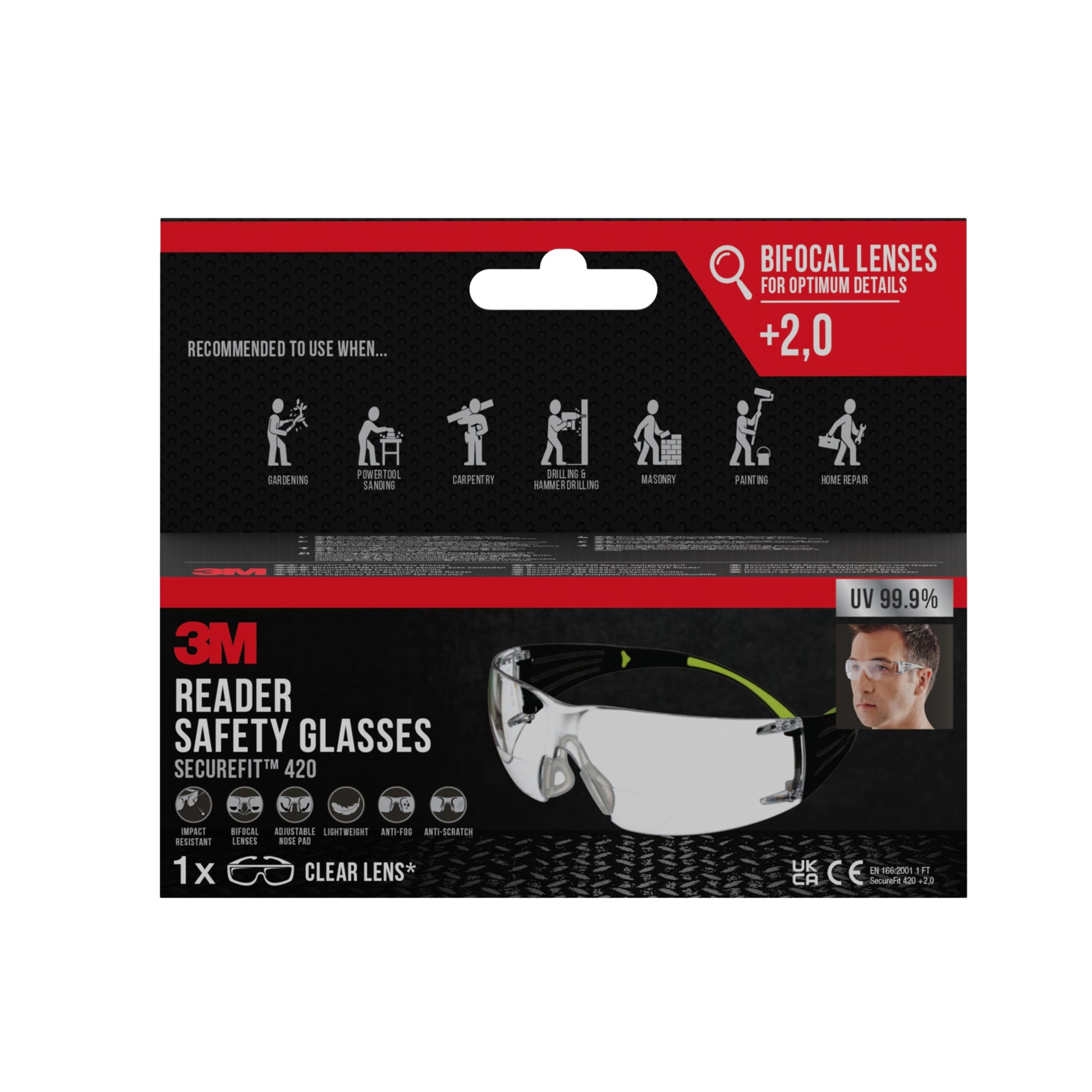 Eine Packung 3M™ SecureFit™ Lese-Schutzbrille von 3M Deutschland GmbH verfügt über +2,0 bifokale klare Gläser, 99,9 % UV-Schutz und wird für Säge-, Tischler- und Malerarbeiten empfohlen.