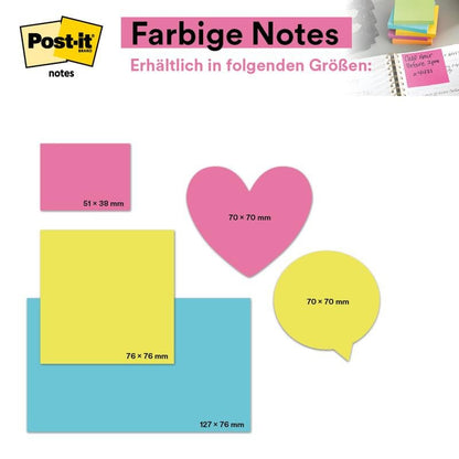 En grafik visar Post-it® Notes från 3M Deutschland GmbH (76 × 76 mm, 100 blad/block, 100% PEFC) bredvid andra färgglada notisar i olika former och storlekar.