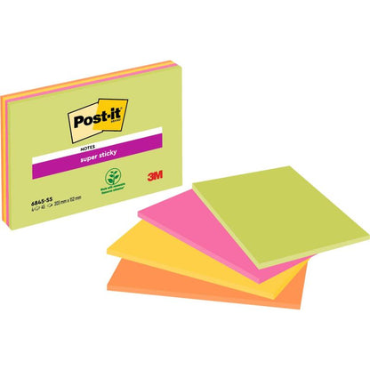 Ett paket med 3M Post-it® Super Sticky Meeting Notes, 4 block i olika neonfärger (203 mm x 152 mm, 45 ark vardera), visas i solfjäderform. Förpackningen visar PEFC-etiketten och logotyp; Produkt: SGSCH-PEFC-COC-110078.