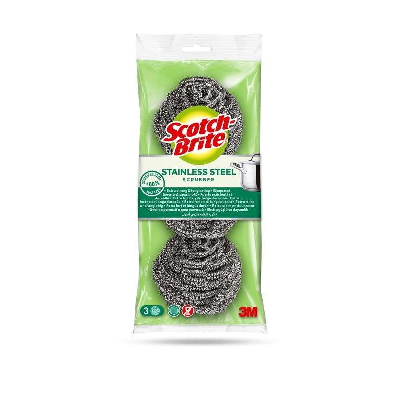 En förpackning Scotch-Brite® rostfritt stålspiral från 3M Deutschland GmbH med 3 stycken. Den grön-klara förpackningen visar skrubborsten, varumärket, produktinformationen, grytgrafik och är idealisk för köksrengöring och envis smuts.