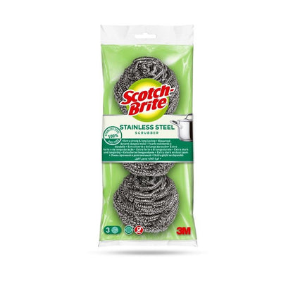 En förpackning Scotch-Brite® rostfritt stålspiral från 3M Deutschland GmbH med 3 stycken. Den grön-klara förpackningen visar skrubborsten, varumärket, produktinformationen, grytgrafik och är idealisk för köksrengöring och envis smuts.