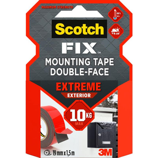 Ett paket Scotch-FIX™ Extreme dubbelhäftande utomhusmonteringstejp från 3M Deutschland GmbH, med maximal hållfasthet, 10 kg bärförmåga, UV-beständighet, storlek 19 mm x 1,5 m, idealisk för utomhusbruk.