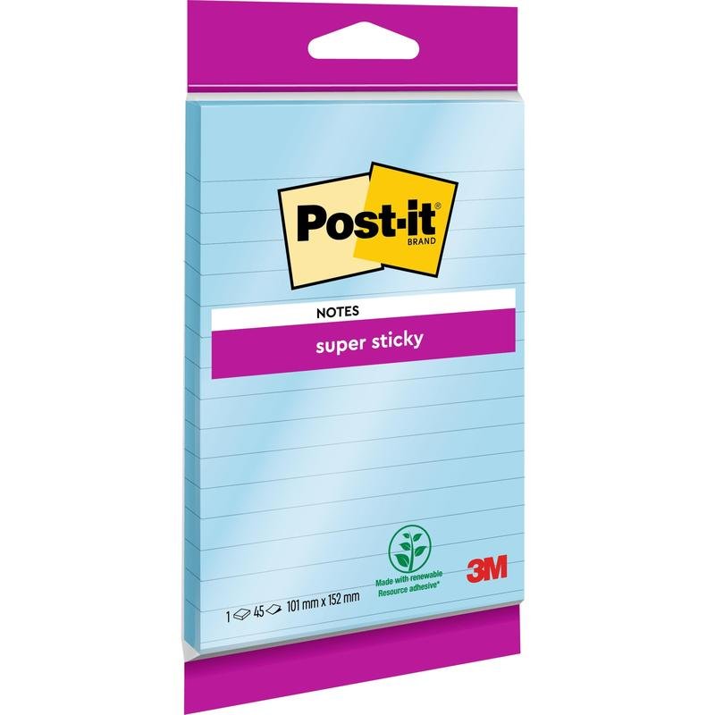 Ett paket med Post-it® Super Sticky Notes i storformat, linjerat (102 x 152 mm, 45 blad, 100% PEFC) från 3M Deutschland GmbH med extra stark vidhäftning.