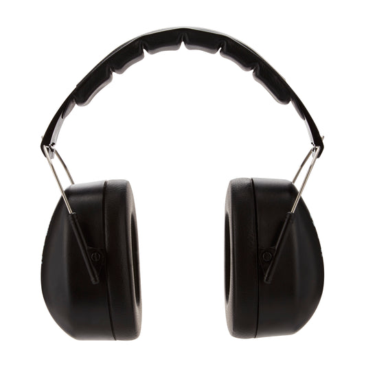 Der 3M™ Kapselgehörschützer mit faltbarem Kopfbügel 90563E (SNR 30 dB, Schwarz) von 3M Deutschland GmbH ist ein schwarzer Over-Ear-Gehörschutz mit gepolsterten Ohrmuscheln und verstellbarem Kopfbügel, isoliert vor weißem Hintergrund.