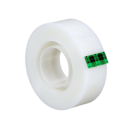 En rulle Scotch® Magic™ Osynlig Tejp från 3M Deutschland GmbH, med en liten grön-svart rutigt rand längs kanten på vit bakgrund.
