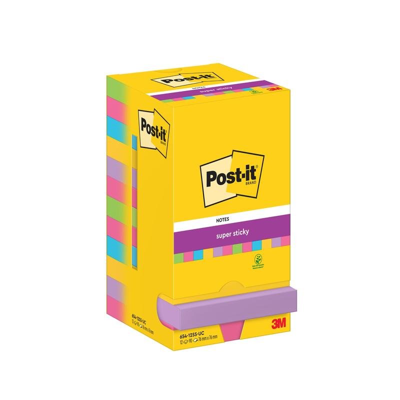 Ett 5-pack Post-it® Super Sticky Notes från 3M Sverige AB, var och en 76 mm x 76 mm med 90 blad per block, finns i en gul låda med Post-it-logotypen och produktinformation på fram- och baksidan.