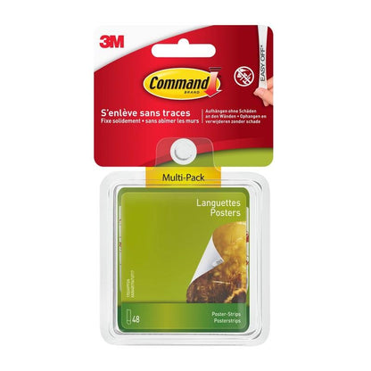Ett förpackningsfördel Command™ Poster-Strips (17024-VP) från 3M Deutschland GmbH innehåller 48 klisterremsor för att fästa affischer utan att borra, med flerfärgad förpackning och fransk-engelsk märkning.