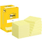 En gul Post-it® Notes-låda från 3M Deutschland GmbH står bredvid tolv högar med gula anteckningslappar (76x76mm, 100 blad/block) i kartongförpackning (100% PEFC). Allt är prydligt arrangerat på vit bakgrund.