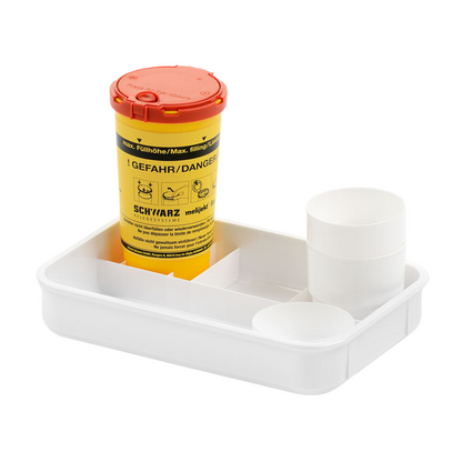 Melijekt Blodsocker-tablett E från Helmut Schwarz GmbH är en kompakt vit förvaringsskål med en gul-röd cylindrisk behållare med inskriptionerna 'Danger' och 'Schwarz'. Dessutom finns två vita behållare av olika höjd, alla effektivt placerade i separata fack. Perfekt för vårdinrättningar eller privat bruk.